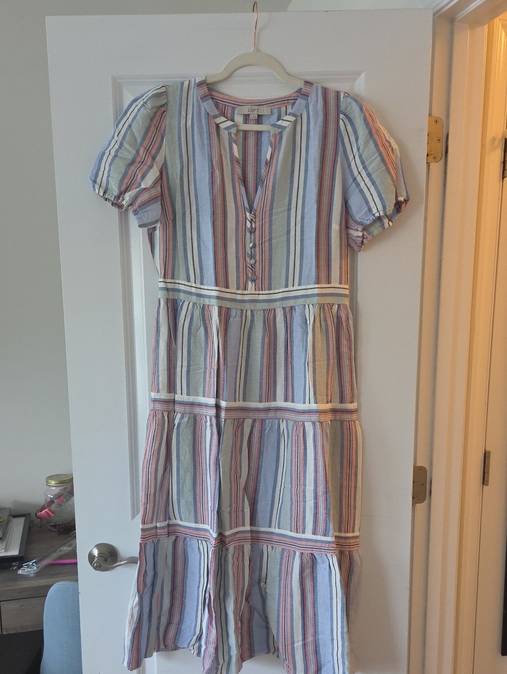 Striped Puff-Sleeve Tiered Midi Dress in Pastel Multi